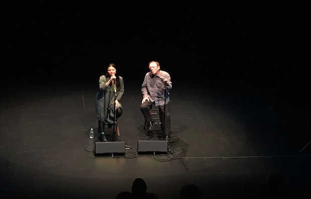 Audrey Chen and Phil Minton perform a singing duet.