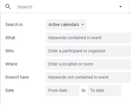 Screenshot of Advanced Search function in GCalendar