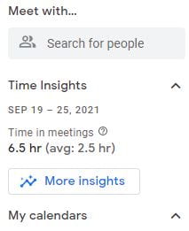 Screenshot depicting Time Insights information including date, time in meetings and link to "More insights"