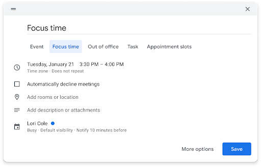 Screenshot of what Focus time looks like on your Google Calendar (for selection)