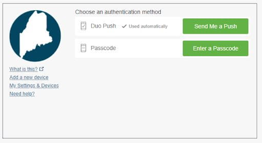 Screen shot of second screen that appears after initial UMS login. Asks to choose an authentication method. Duo Push or Passcode. Select Send Me a Push or Enter a Passcode.