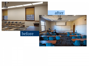 Before and after classroom photos shows updated room with new furniture, carpet, projector screen, blackout shades