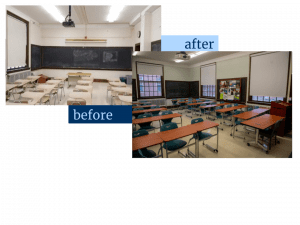 Before and after photos of a classroom. New furniture added and new equipment.