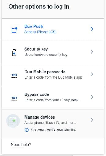 Image of new Duo Interface with options to use Duo Push (send to iPhone), Security key, Duo Mobile passcode, Bypass code, and Manage Devices.