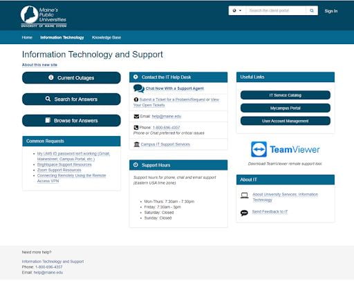 image of TDX Information Technology and Support portal page includes Current Outages, Search and Browse for Answers, Common Requests, Contact the IT Help Desk, Support Hours, Useful Links, Team Viewer, and About IT.